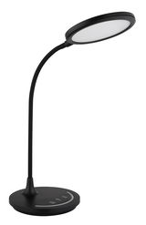 Moderne schwarze Tischleuchte mit rundem Lampenschirm und flexiblem Hals, seitliche Perspektive