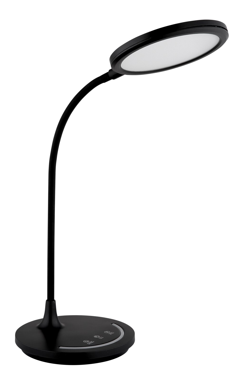 Moderne schwarze Tischleuchte mit rundem Lampenschirm und flexiblem Hals, seitliche Perspektive