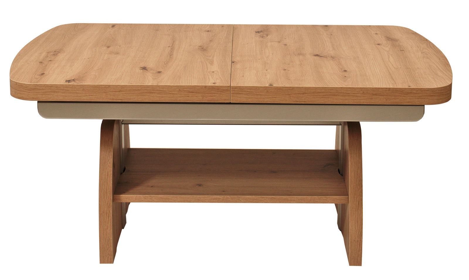 Moderner Couchtisch aus Holz mit abgerundeten Ecken und zusätzlicher Ablagefläche, Frontalansicht.