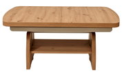 Moderner Couchtisch aus Holz mit abgerundeten Ecken und zusätzlicher Ablagefläche, Frontalansicht.