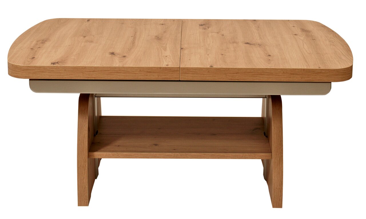 Moderner Couchtisch aus Holz mit abgerundeten Ecken und zusätzlicher Ablagefläche, Frontalansicht.