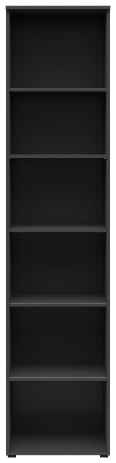 Schwarzes Regal mit sechs Fächern, frontale Ansicht