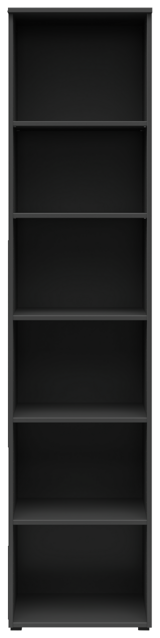 Schwarzes Regal mit sechs Fächern, frontale Ansicht