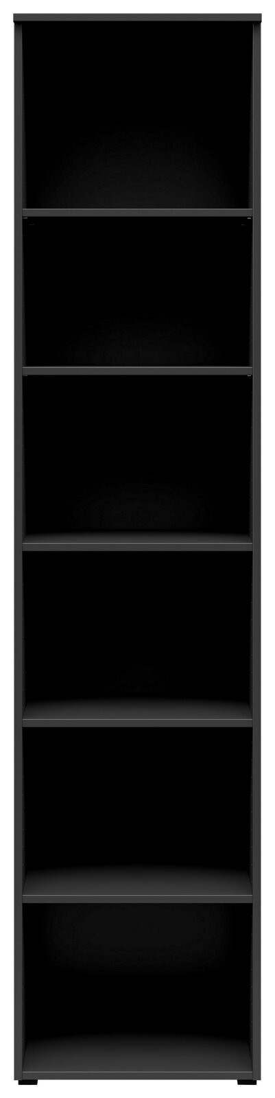 Schwarzes Regal mit sechs Fächern, frontale Ansicht