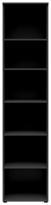 Schwarzes Regal mit sechs Fächern, frontale Ansicht