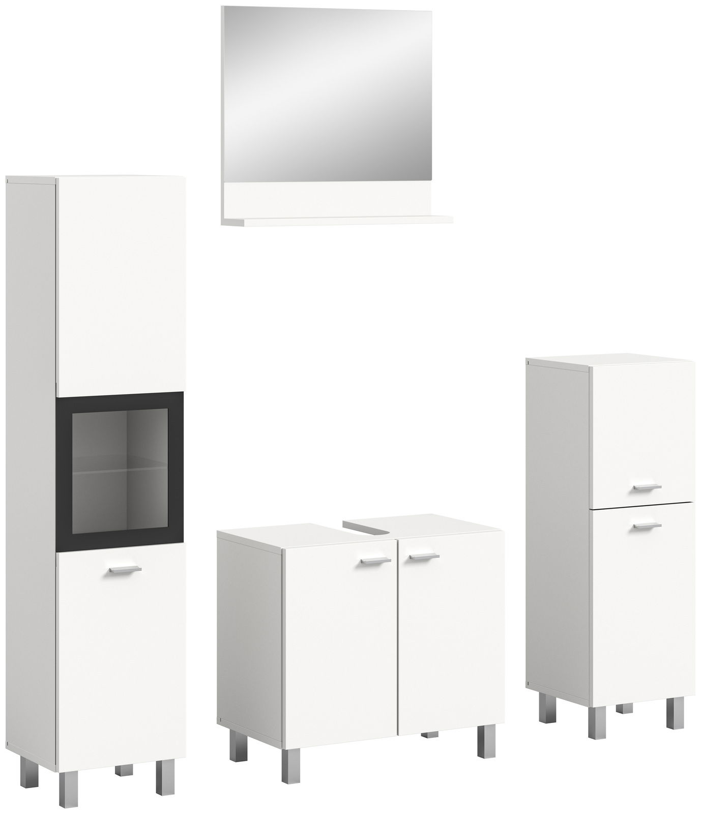 Badezimmermöbel-Set bestehend aus einem hohen Schrank mit Glaseinsatz, einem Spiegel mit Ablage, einem Waschbeckenunterschrank und einem weiteren hohen Schrank, alle in weißer Farbe mit silbernen Griffen und Füßen, aus frontaler Perspektive.