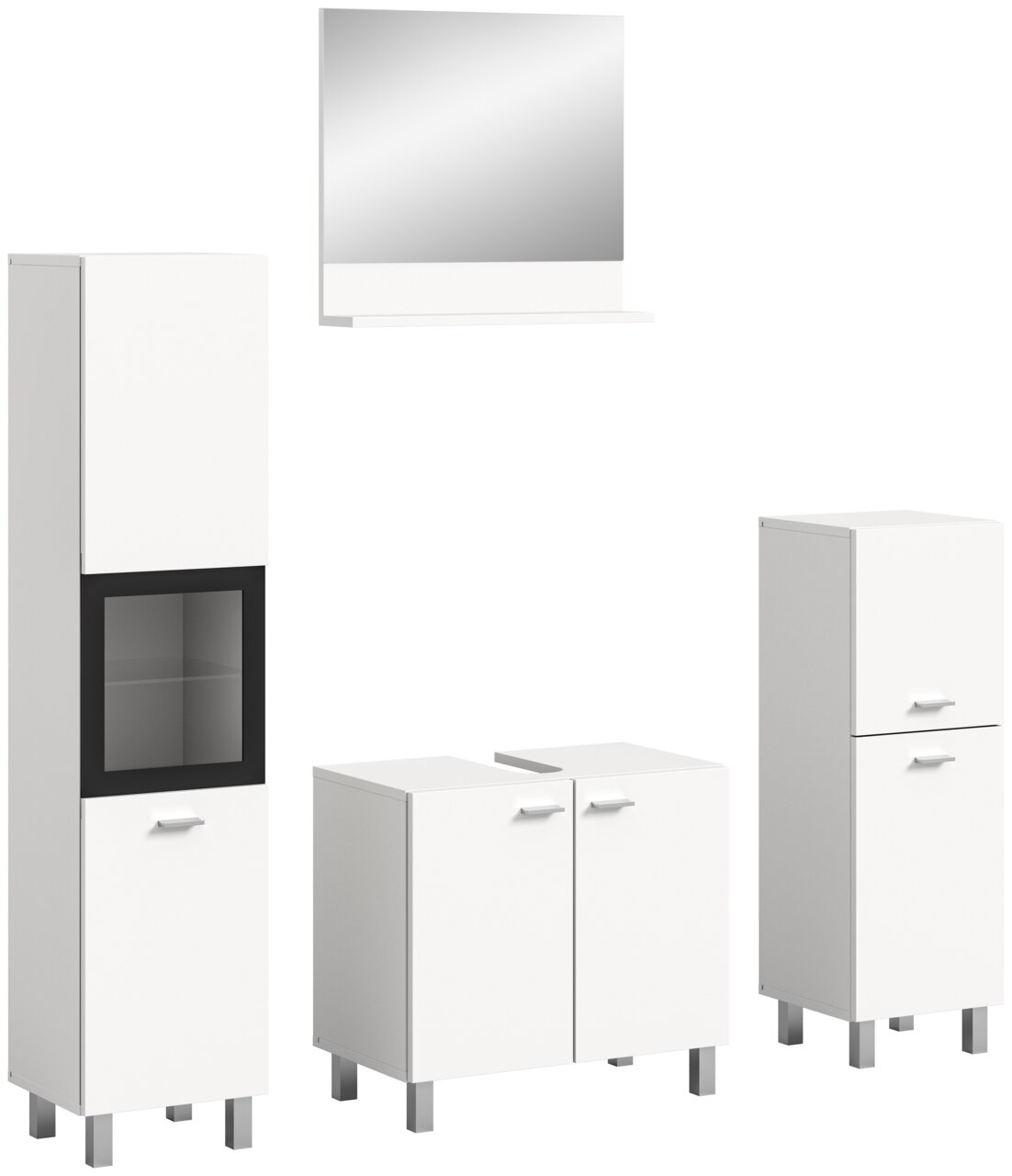 Badezimmermöbel-Set bestehend aus einem hohen Schrank mit Glaseinsatz, einem Spiegel mit Ablage, einem Waschbeckenunterschrank und einem weiteren hohen Schrank, alle in weißer Farbe mit silbernen Griffen und Füßen, aus frontaler Perspektive.