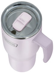 Lichtroze Thermos-isoleerbeker met handvat, transparant deksel en afsluitbare schuifopening, schuin van boven afgebeeld
