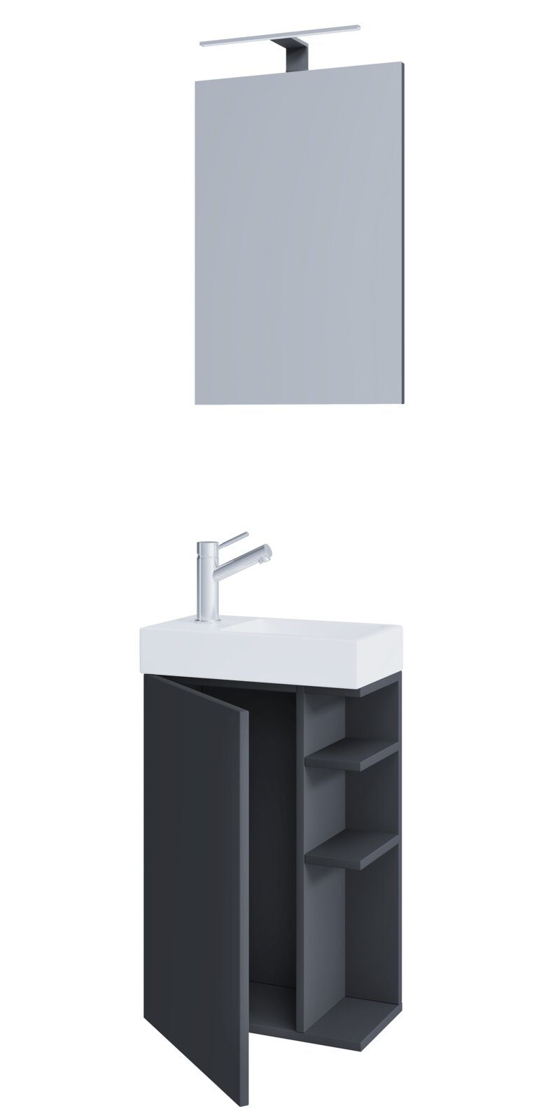 Modernes Badezimmer-Waschtisch-Set mit weißem Waschbecken, dunkelgrauem Unterschrank mit geöffneter Tür und seitlichen Ablagefächern sowie passendem Spiegel mit Aufbauleuchte; Ansicht schräg von vorne (Spiegel frontal).