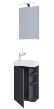 Modernes Badezimmer-Waschtisch-Set mit weißem Waschbecken, dunkelgrauem Unterschrank mit geöffneter Tür und seitlichen Ablagefächern sowie passendem Spiegel mit Aufbauleuchte; Ansicht schräg von vorne (Spiegel frontal).