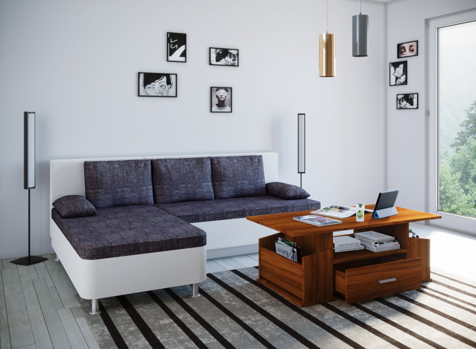 Modernes Wohnzimmer mit L-förmigem Ecksofa in Grau-Weiß und Holz-Couchtisch mit Stauraum, aufgenommen in leichter Schrägansicht von vorn rechts.