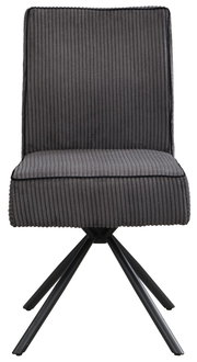 Grauer Stuhl mit geripptem Stoffbezug und schwarzem Metallgestell, Frontalansicht