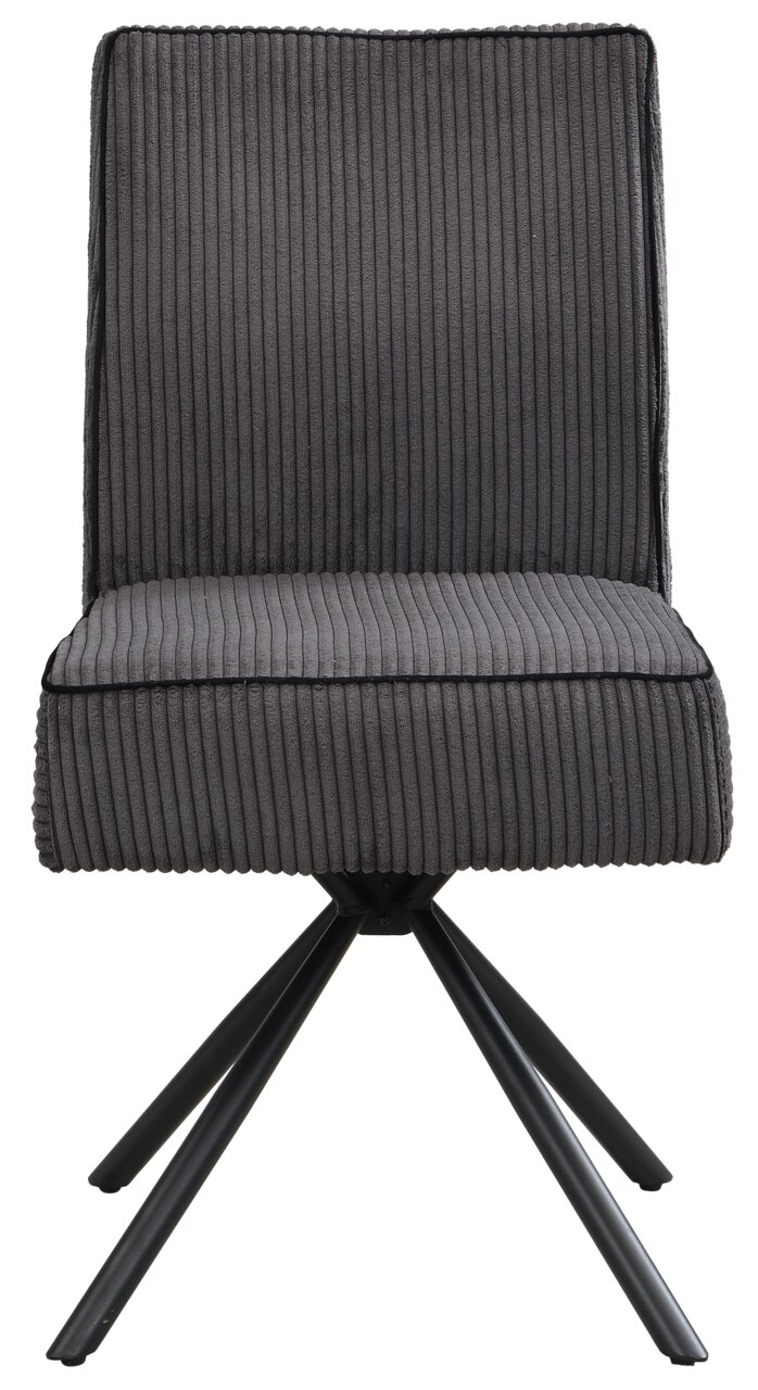 Grauer Stuhl mit geripptem Stoffbezug und schwarzem Metallgestell, Frontalansicht