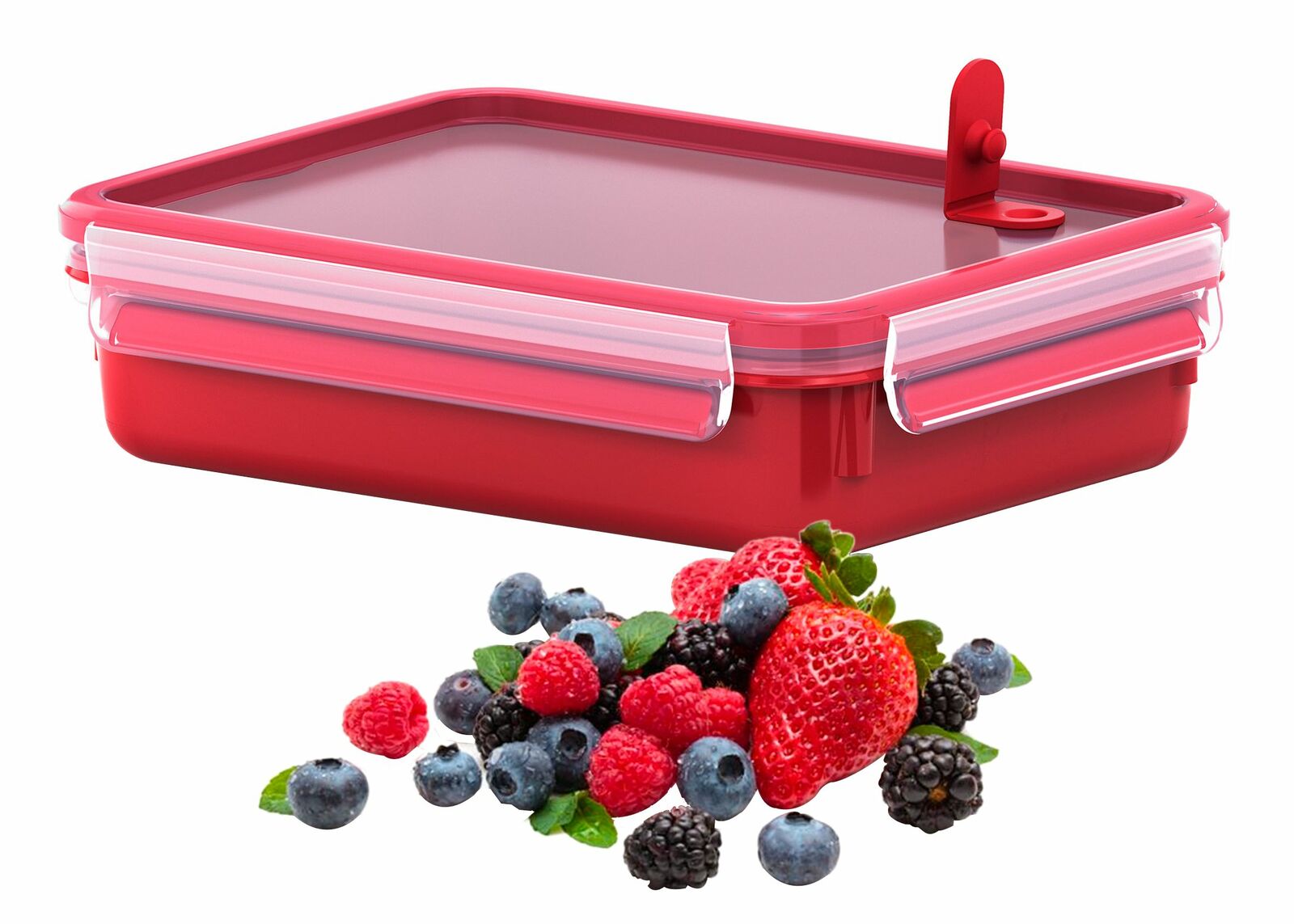 Rote Mikrowellendose mit 1,2L Fassungsvermögen, seitliche Perspektive, mit frischen Beeren im Vordergrund