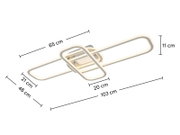 Moderne LED-Deckenleuchte in Weiß mit überkreuzten, rechteckigen Lichtbändern und Maßangaben (ca. 103 x 46 cm, Höhe 11 cm), perspektivische Ansicht schräg von unten.