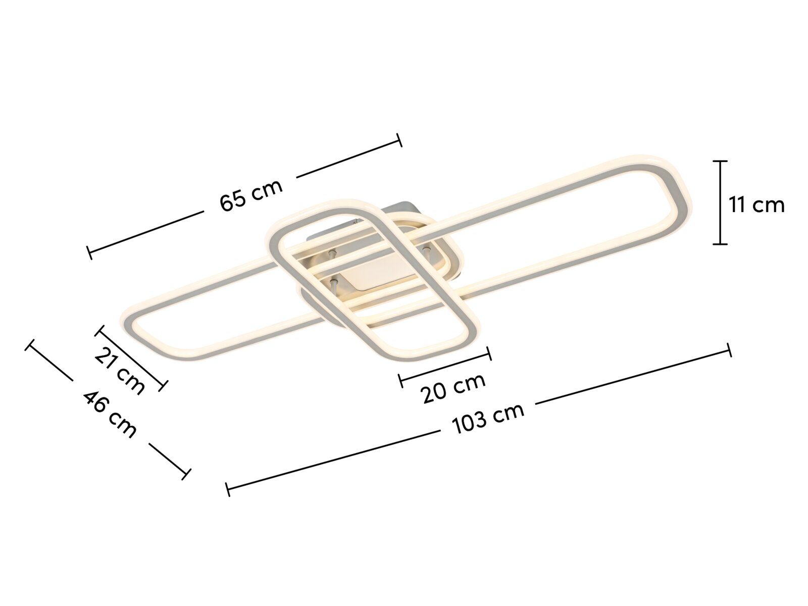 Moderne LED-Deckenleuchte in Weiß mit überkreuzten, rechteckigen Lichtbändern und Maßangaben (ca. 103 x 46 cm, Höhe 11 cm), perspektivische Ansicht schräg von unten.