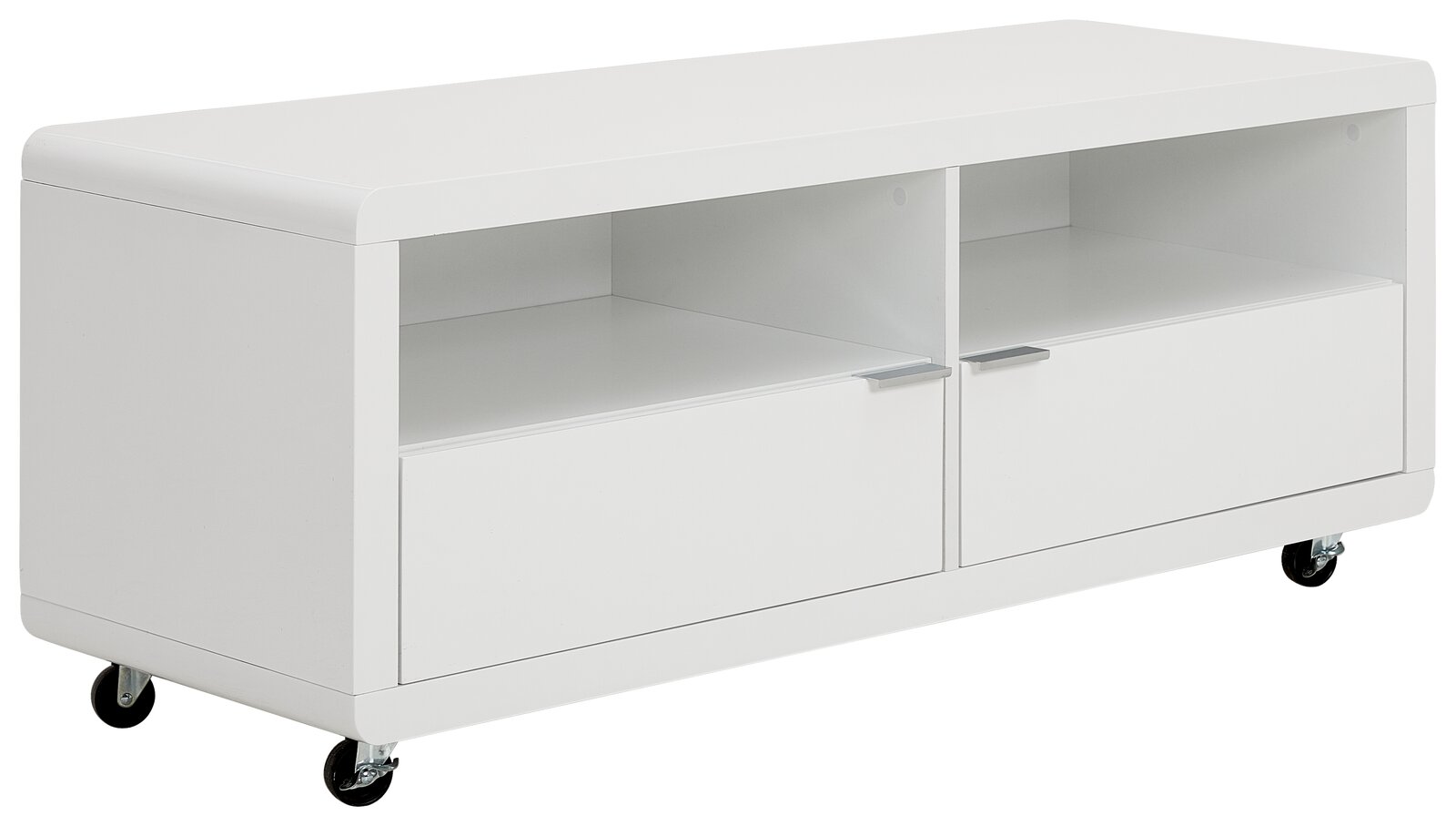 XORA TV-Lowboard LIMA Weißes TV-Lowboard mit Rollen, zwei offenen Fächern und zwei Schubladen, seitliche Perspektive