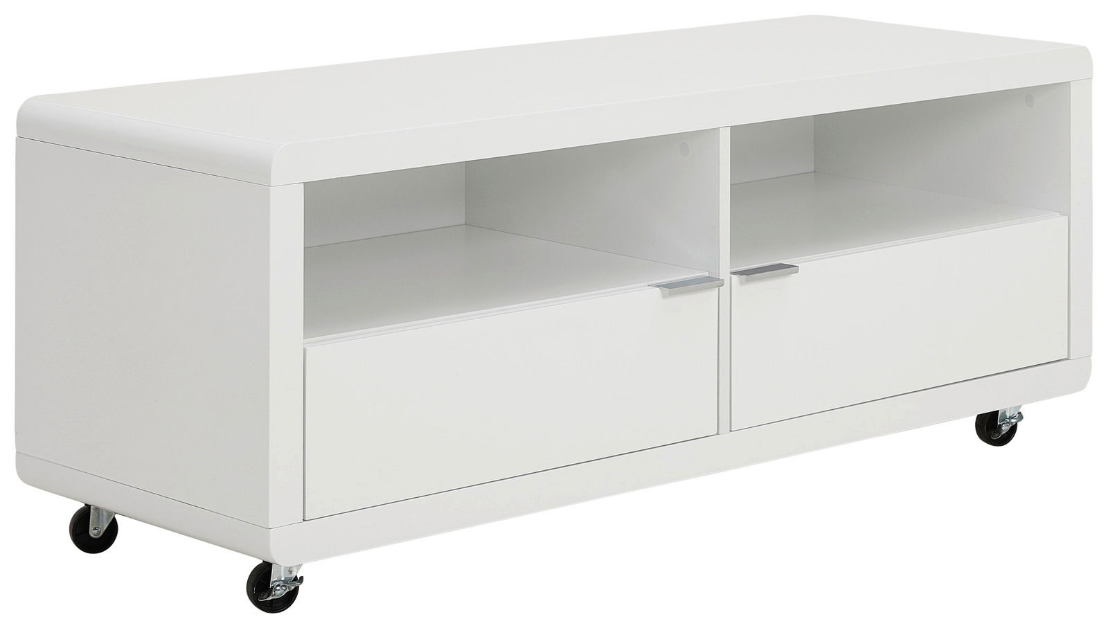 Weißes TV-Lowboard mit Rollen, zwei offenen Fächern und zwei Schubladen, seitliche Perspektive