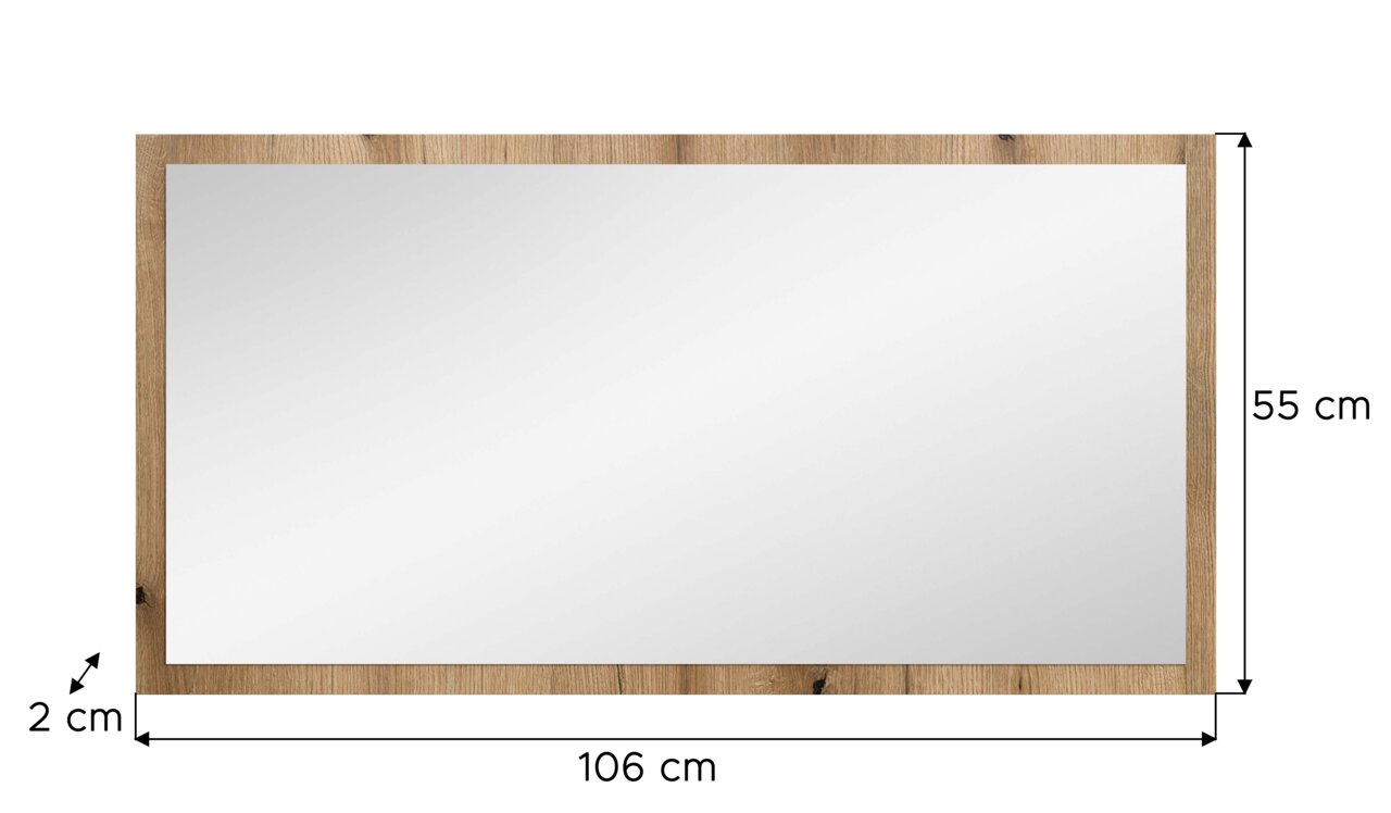 Rechteckiger Wandspiegel mit naturfarbenem Holzrahmen, Frontansicht; Maße ca. 106 x 55 cm, Rahmenbreite ca. 2 cm.