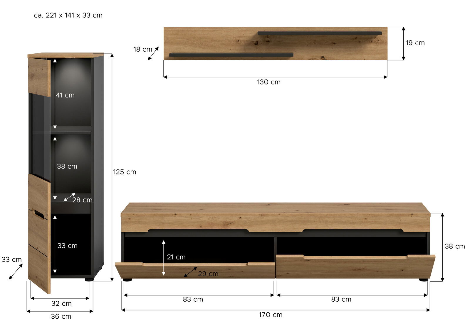 Bemaßte Produktansicht (Front- und Seitenansicht) eines Wohnzimmersets aus TV-Lowboard mit zwei Schubladen, hohem Schrank und Wandboard in Holzoptik mit schwarzen Korpussen; Maße u. a. Lowboard ca. 170×38 cm, Hochschrank ca. 125×36×33 cm, Wandboard ca. 13