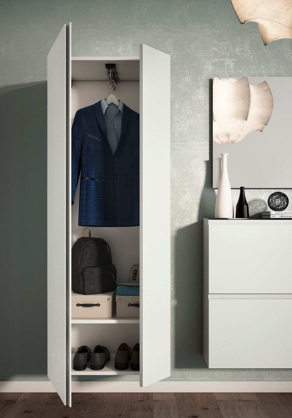 Moderner weißer Garderobenschrank mit geöffneten Türen, zeigt einen Anzug, Schuhe und Aufbewahrungsboxen, aus frontaler Perspektive.