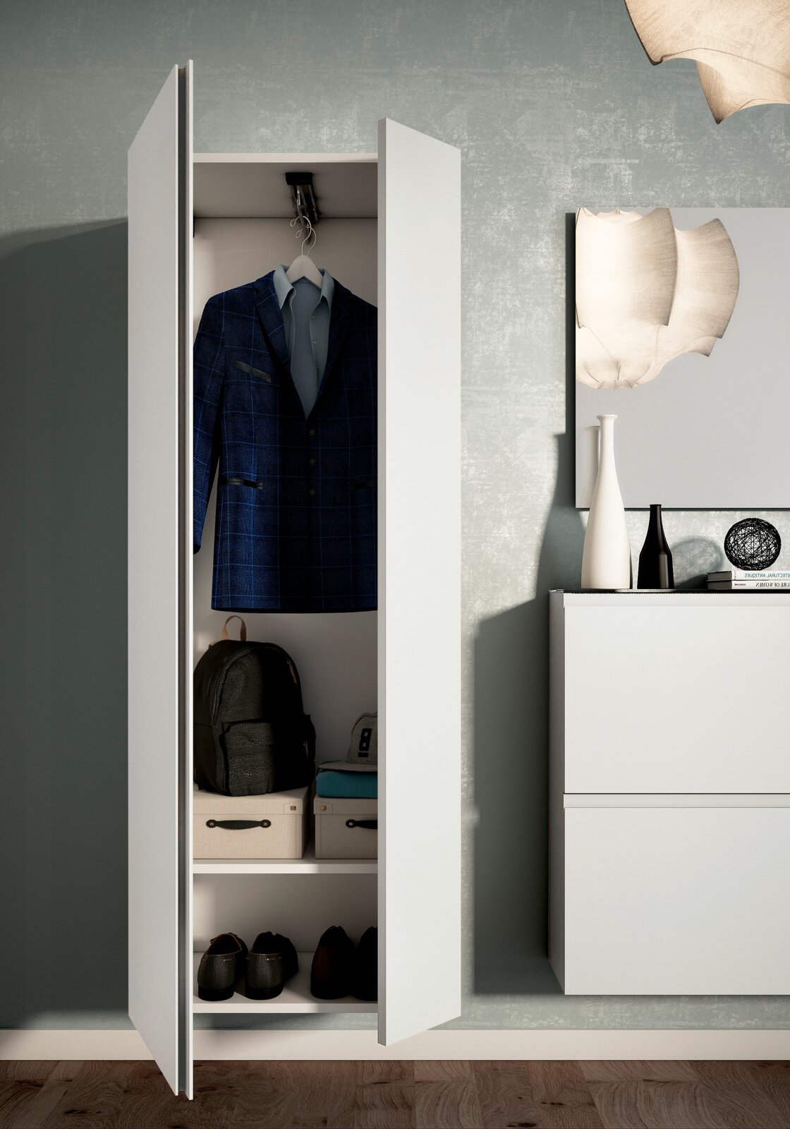 Moderner weißer Garderobenschrank mit geöffneten Türen, zeigt einen Anzug, Schuhe und Aufbewahrungsboxen, aus frontaler Perspektive.