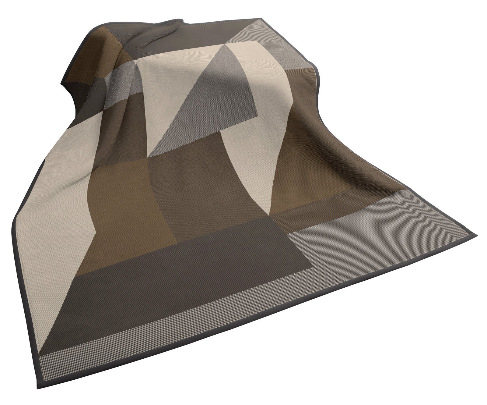 Wohndecke 150x200cm mit geometrischem Muster in Erdtönen, aus schräger Perspektive fotografiert.