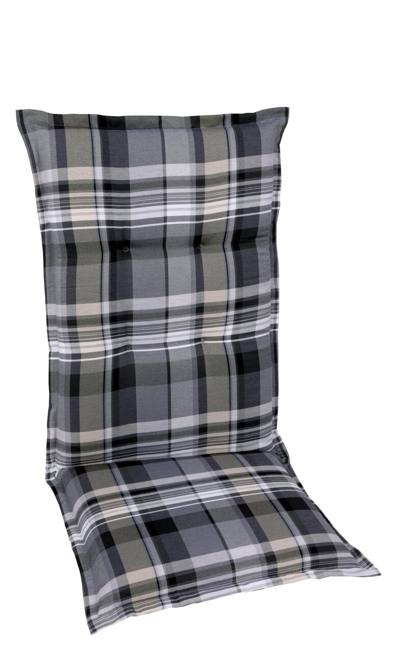 Stoelbekleding met grijs en zwart ruitpatroon, zijaanzicht