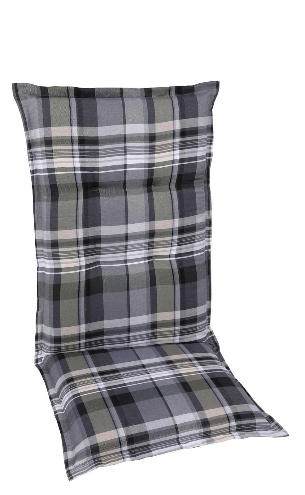 Sesselauflage mit grauem und schwarzem Karomuster, seitliche Perspektive