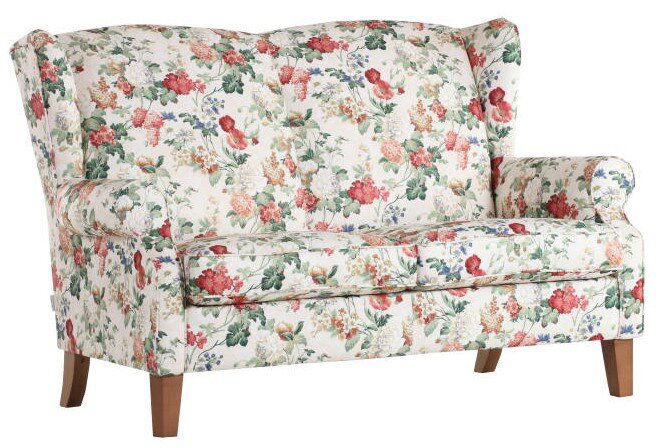 Zweisitzige Sofabank mit floralem Muster, seitliche Perspektive
