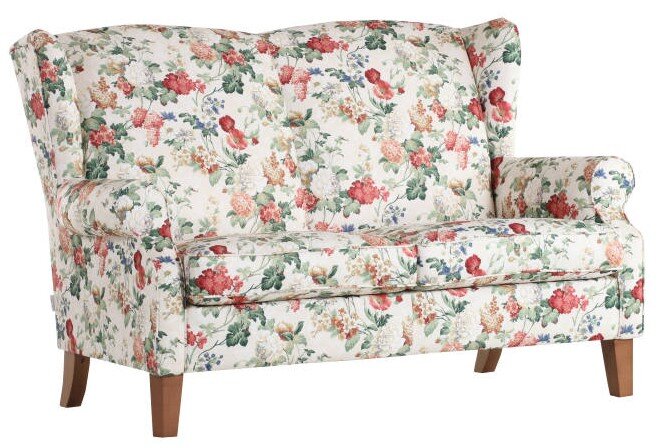 Zweisitzige Sofabank mit floralem Muster, seitliche Perspektive