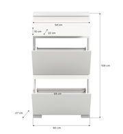 Weißer Schuhschrank mit drei Klappfächern, Frontansicht, Maße: 60 cm Breite, 109 cm Höhe, 27 cm Tiefe