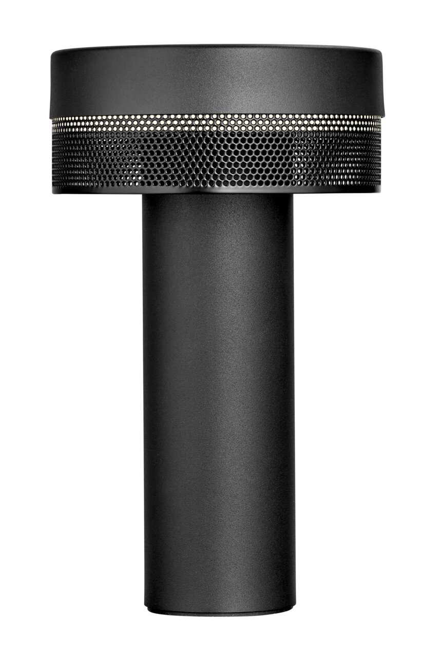 Schwarze Akkuleuchte MESH in zylindrischer Form, seitliche Perspektive