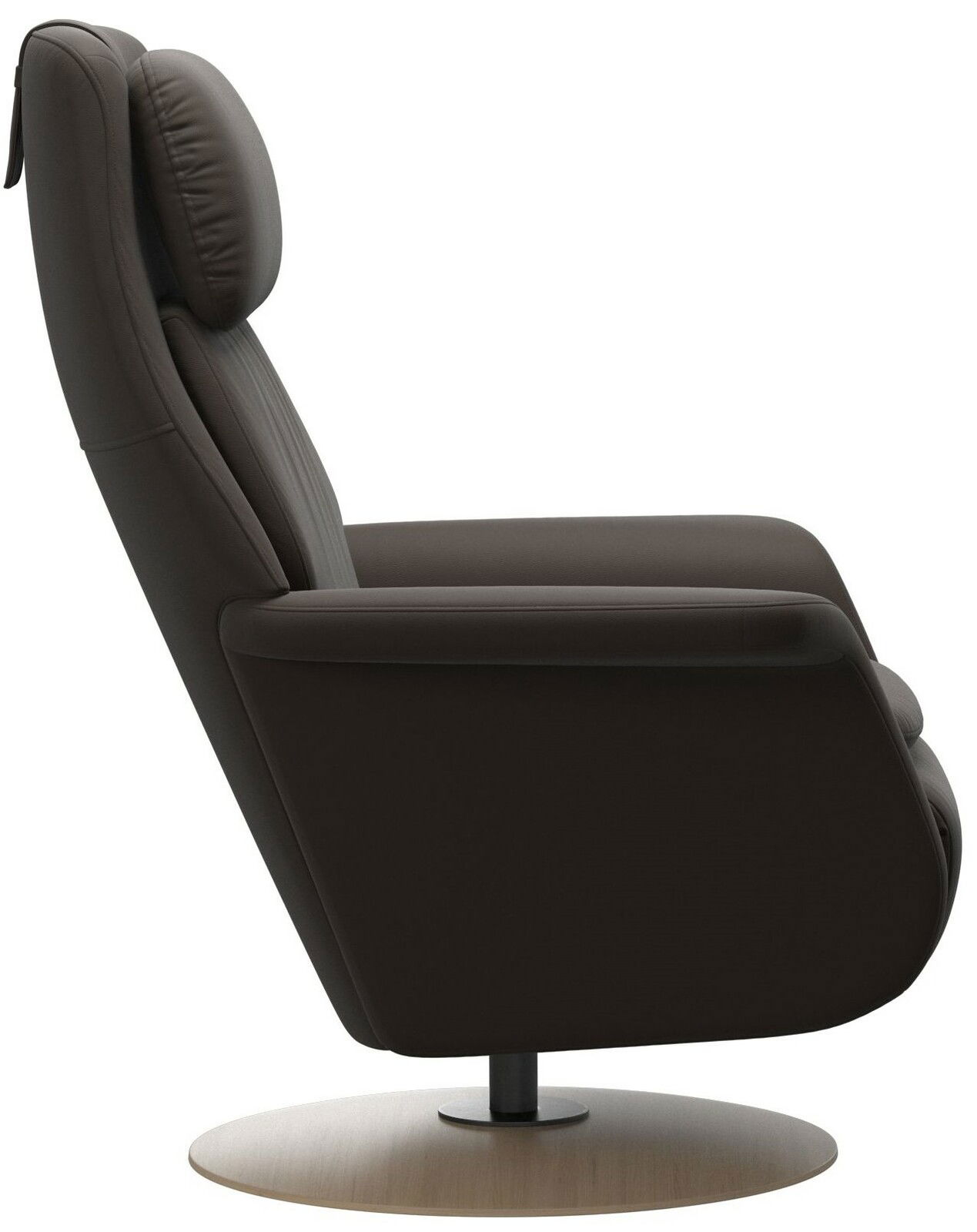 Seitenansicht eines braunen Fernsehsessels mit rundem Holzfuß und gepolsterter Kopfstütze.