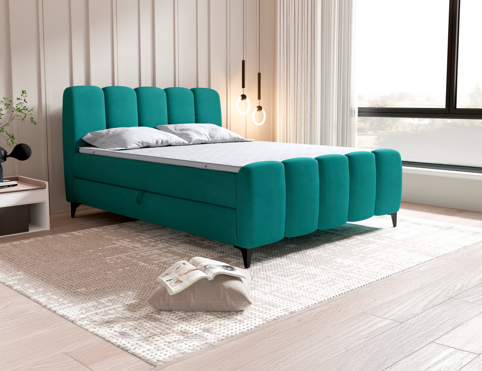 Modernes Boxbett in Türkis mit gepolstertem Kopf- und Fußteil, seitliche Perspektive im stilvollen Schlafzimmer.
