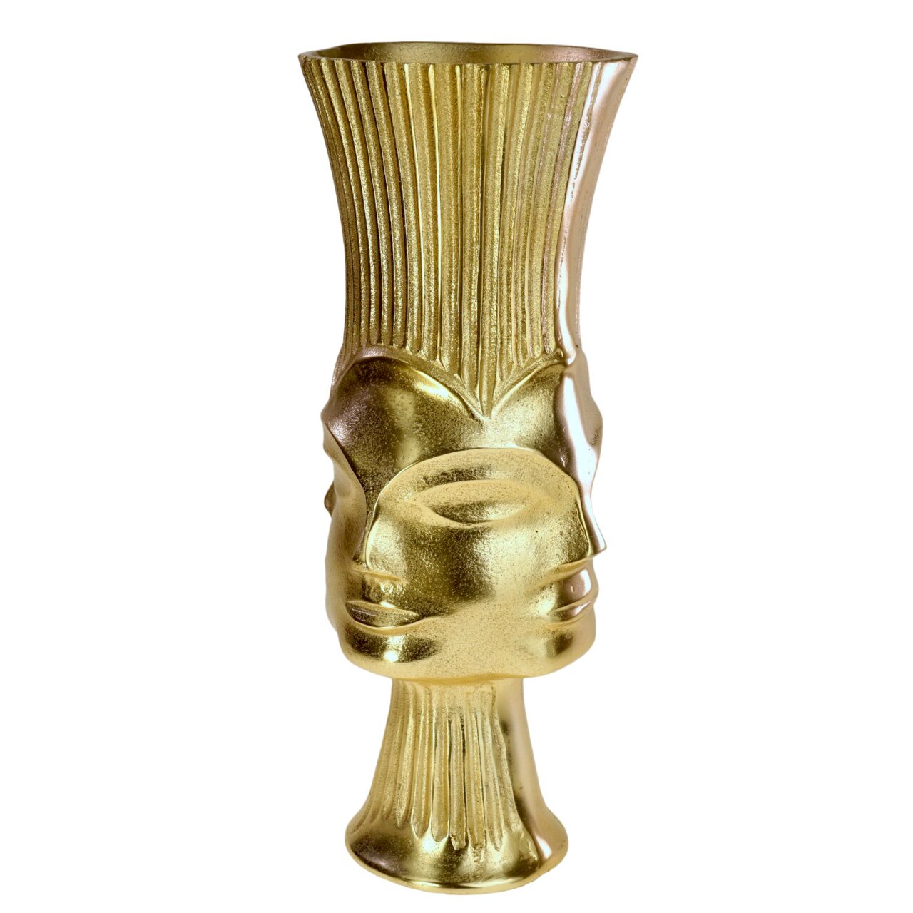 Goldene Vase mit Gesichtsmotiv, frontal fotografiert