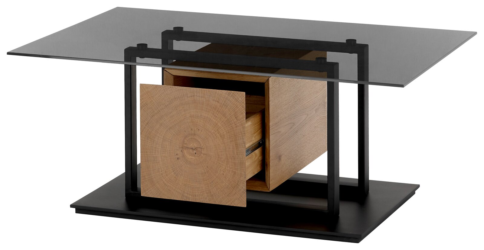 Moderner Couchtisch mit Glasplatte und Holzschublade, seitliche Perspektive