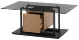 Moderner Couchtisch mit Glasplatte und Holzschublade, seitliche Perspektive