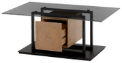 Moderner Couchtisch mit Glasplatte und Holzschublade, seitliche Perspektive