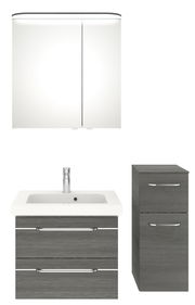 Badezimmermöbel-Set mit Spiegelschrank, Waschbeckenunterschrank und Hochschrank in moderner Frontansicht