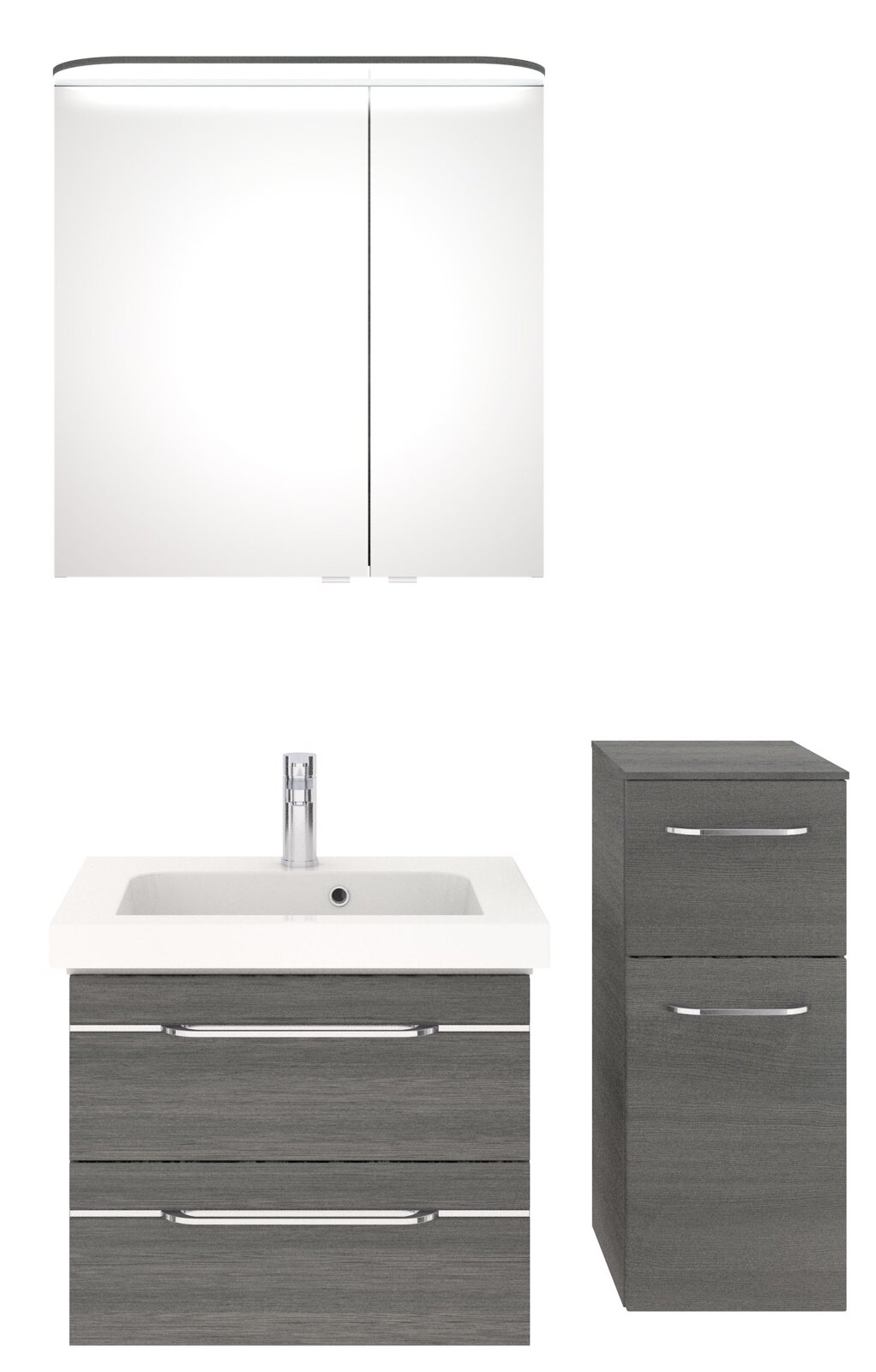 Badezimmermöbel-Set mit Spiegelschrank, Waschbeckenunterschrank und Hochschrank in moderner Frontansicht