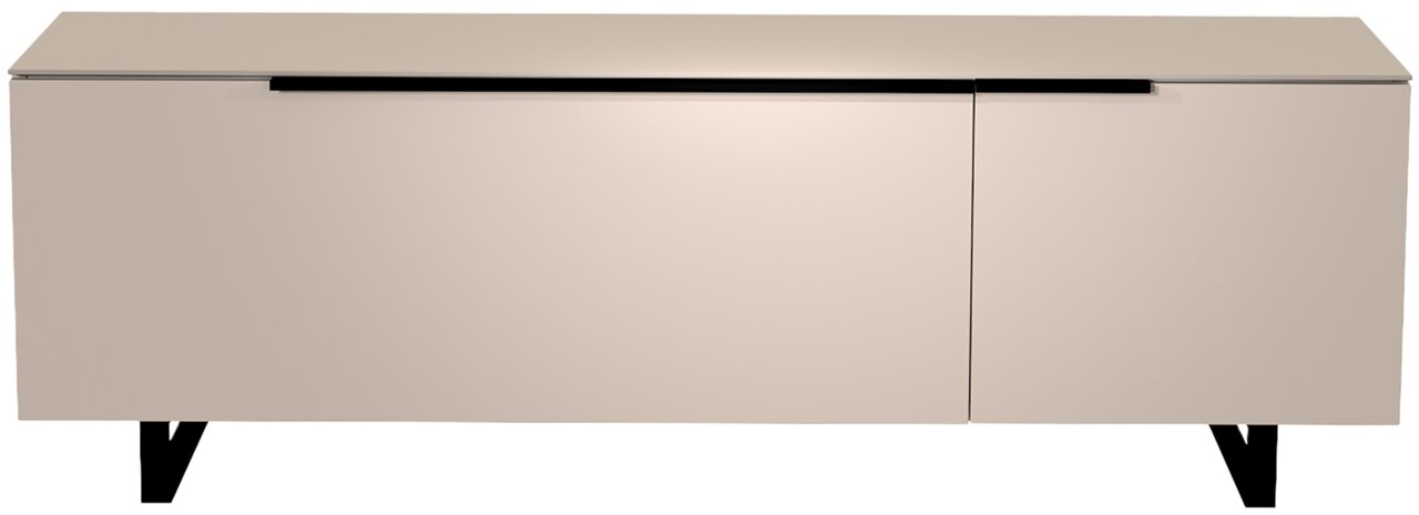 Modernes TV-Lowboard in Beige mit schwarzem Griff, frontale Ansicht