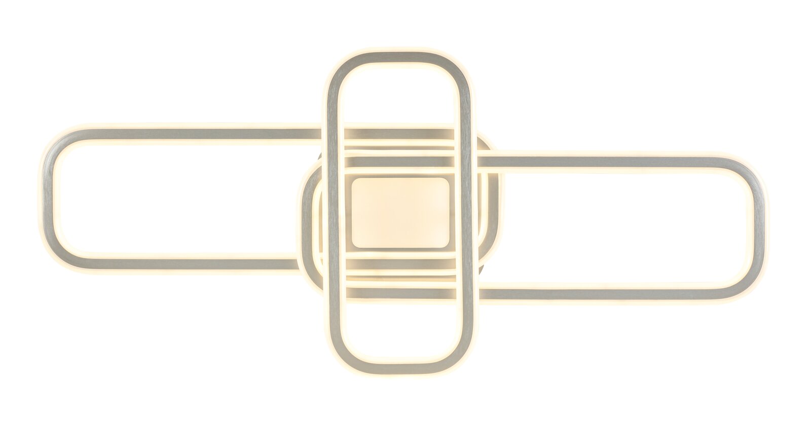 Moderne LED-Deckenleuchte mit überlappenden rechteckigen Rahmen in Weiß/Silber, warmweiß leuchtend, Draufsicht von unten auf weißem Hintergrund