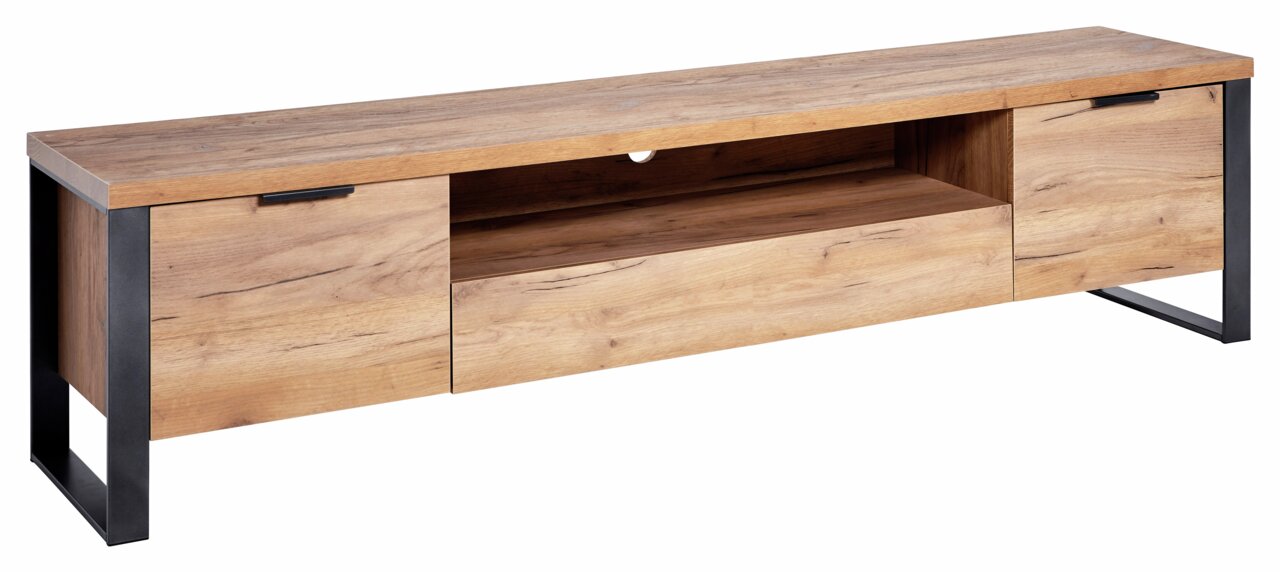 TV-Lowboard aus Holz mit Metallrahmen, Frontansicht