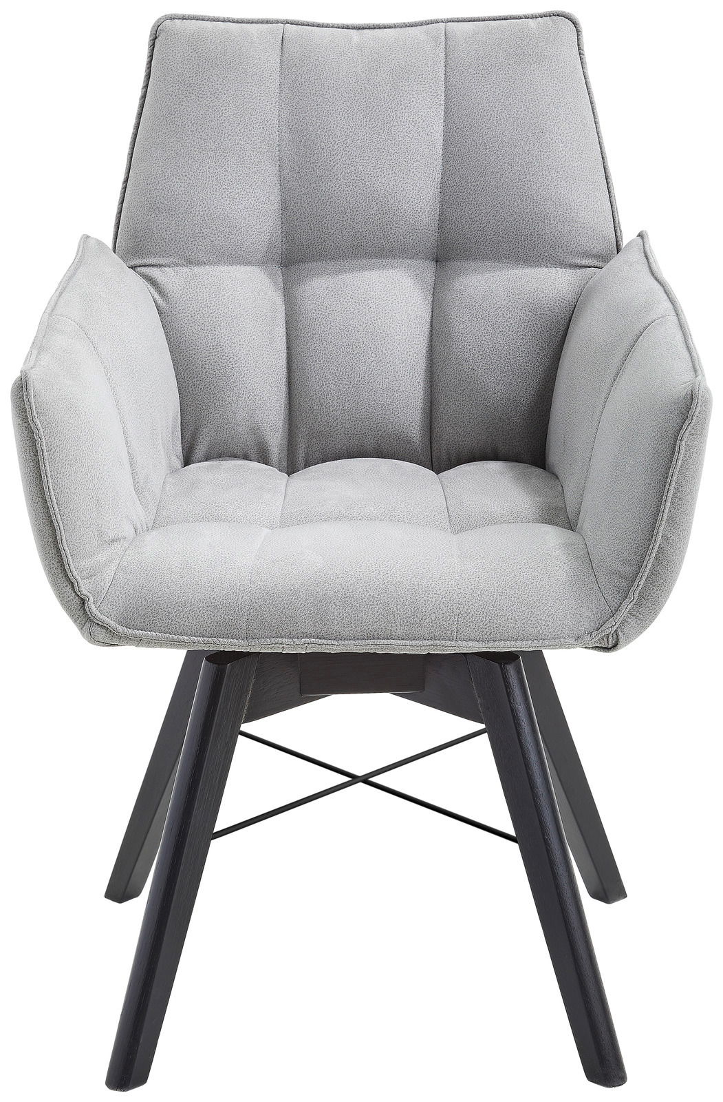 Grauer Armlehnenstuhl mit gepolsterter Sitzfläche und Rückenlehne, Vorderansicht