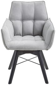 Grauer Armlehnenstuhl mit gepolsterter Sitzfläche und Rückenlehne, Vorderansicht