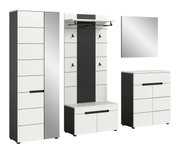 Modernes Flur-Garderoben-Set in Weiß und Anthrazit mit Hochschrank, Garderobenpaneel mit Hutablage, Kleiderstange und Haken, Schuhschrank sowie Wandspiegel; Ansicht in leichter Front-/Seitenperspektive auf weißem Hintergrund.