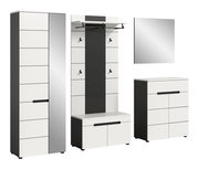 Modernes Flur-Garderoben-Set in Weiß und Anthrazit mit Hochschrank, Garderobenpaneel mit Hutablage, Kleiderstange und Haken, Schuhschrank sowie Wandspiegel; Ansicht in leichter Front-/Seitenperspektive auf weißem Hintergrund.
