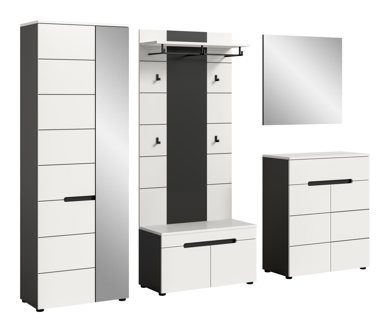 Modernes Flur-Garderoben-Set in Weiß und Anthrazit mit Hochschrank, Garderobenpaneel mit Hutablage, Kleiderstange und Haken, Schuhschrank sowie Wandspiegel; Ansicht in leichter Front-/Seitenperspektive auf weißem Hintergrund.