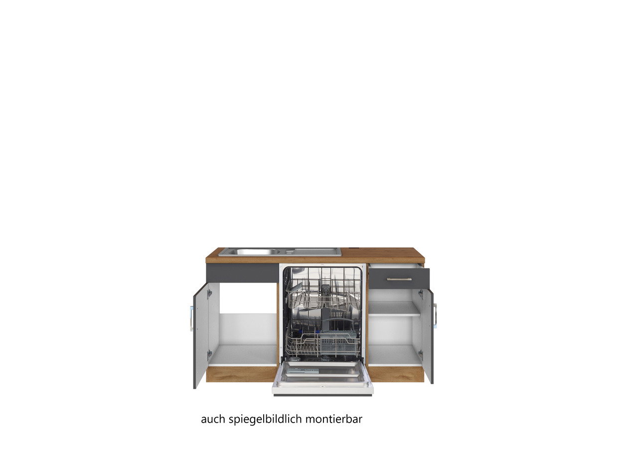 Frontansicht einer Eck-Küchenzeile mit Spüle, Geschirrspüler und Schränken, auch spiegelbildlich montierbar.